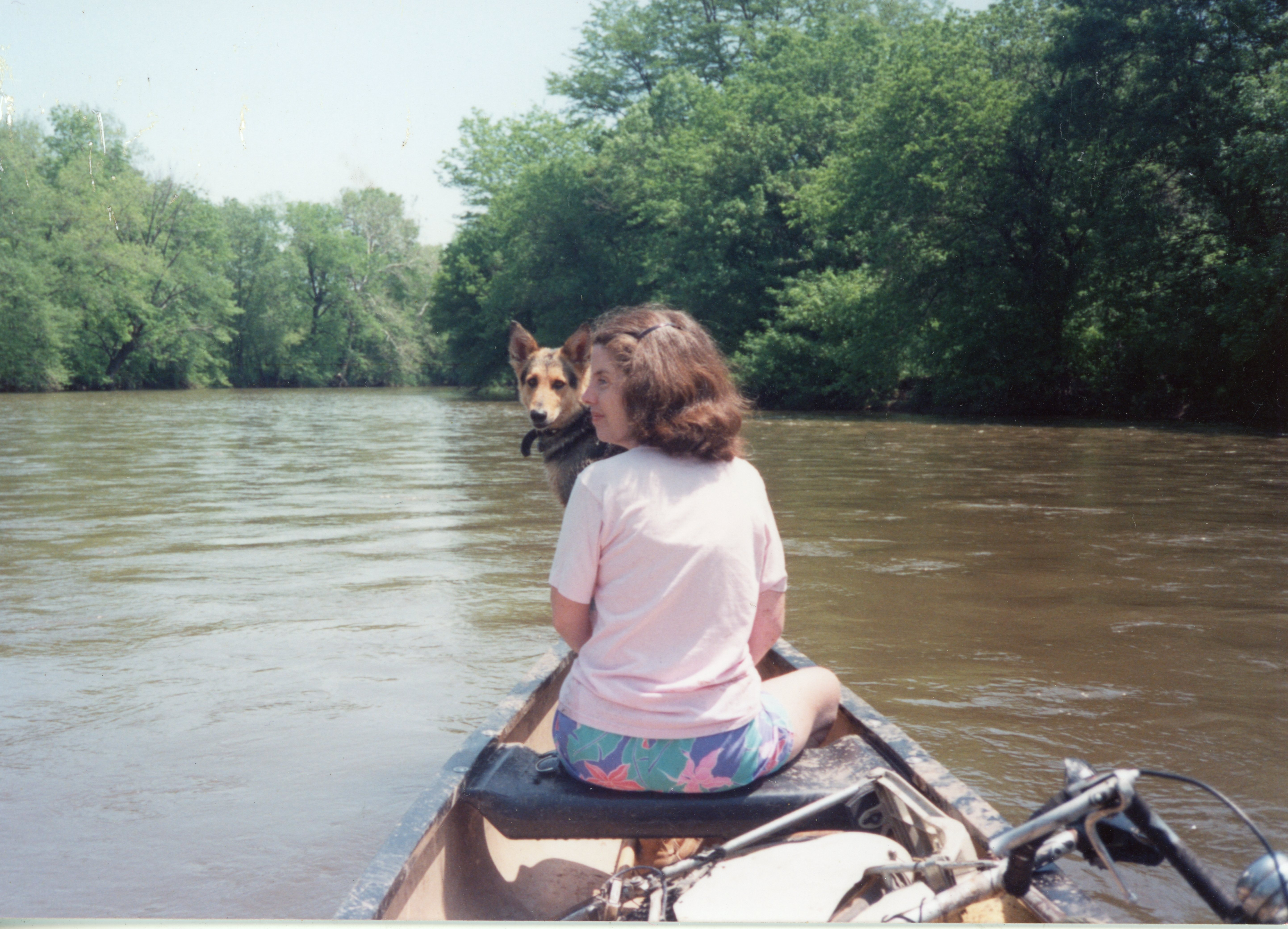 Ann Stark canoeing with Snooper in NJ 1989
