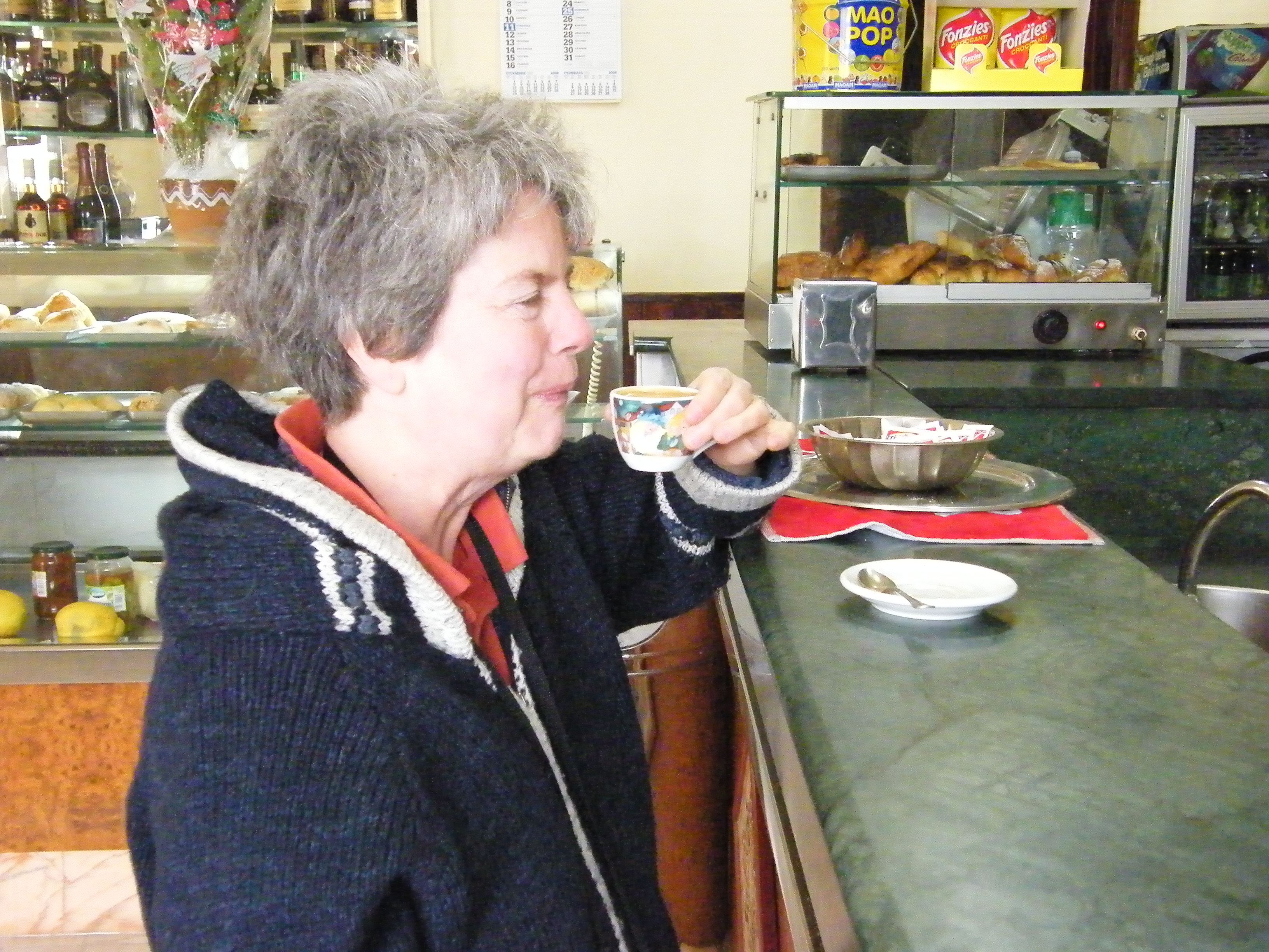 Ann Stark sipping a Bailey's espresso in Sicily